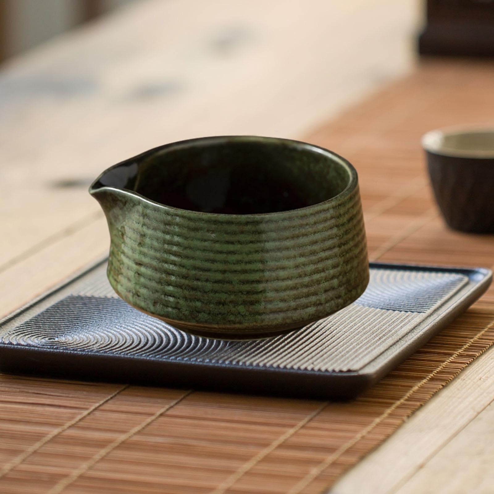 Matcha Cuenco Japonés Cerámica Tradicional Cuenco con Boquilla Artesanal para Servicio Té Verde Apto para Regalo Ceremoniar Té Hogar Oficina, Verde, Individual