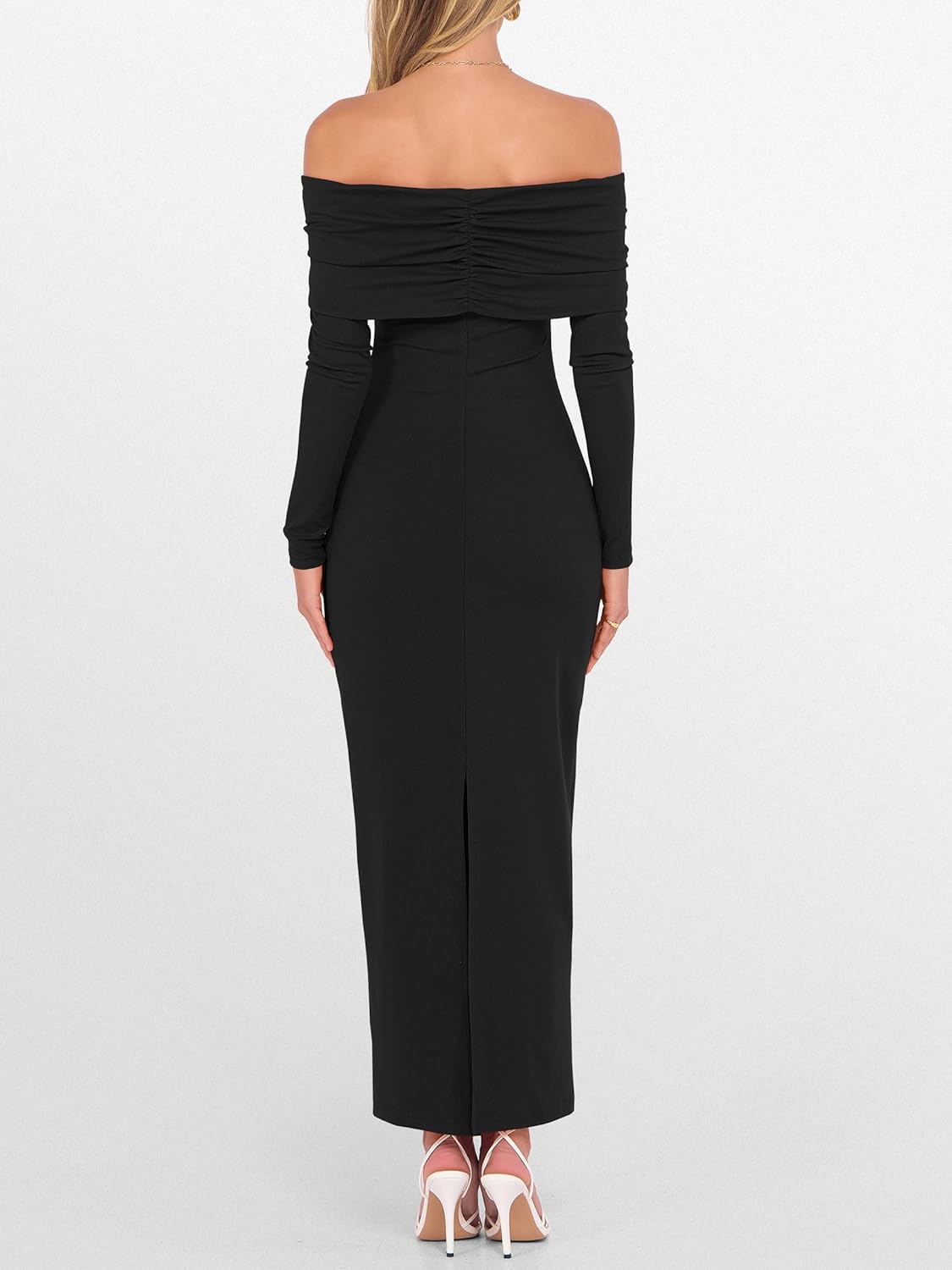 Caracilia Womens Off The Shoulder Bodycon Maxi Dress Fall Sexy Elegant Long Sleeve Ruched Club Party Formal Cocktail Dresses - Image 5