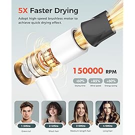 Hair Dryer, 150000 RPM High-Speed Blow Dryer with 500Million Negative Ions for Fast Drying, Lightweight & Thermo-Control, Hair Dryer with Diffuser and Nozzle, Ideal for Salon & Travel, White