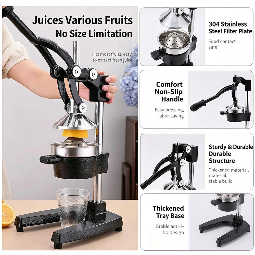 Presse-Agrumes Manuel en Acier Inoxydable 304, Presse-Fruits Robuste NéCessitant Peu D'Effort, Extracteur De Jus Manuel DéMontable Et Facile à Nettoyer pour Usage Domestique Ou Commercial.