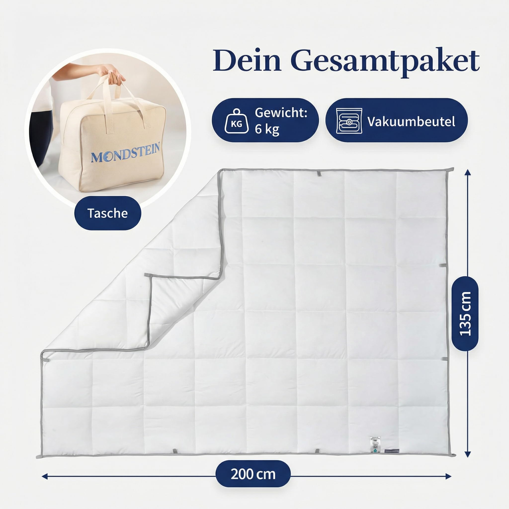 MONDSTEIN Gewichtsdecke 135x200 cm 6 kg Schwere Therapiedecke für Erwachsene 2-in-1 Schlafdecke aus Baumwolle Oeko-TEX