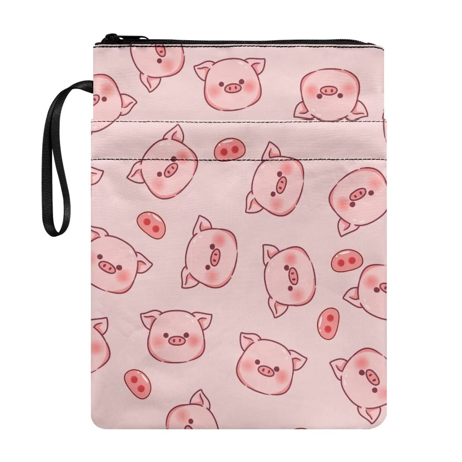 COEQINE Pink Book Sleeves Cover for Kids Boys Girls, Cute Animal Pig Print Book Cover Zipper Storage Bag Bible Purse for Teenage