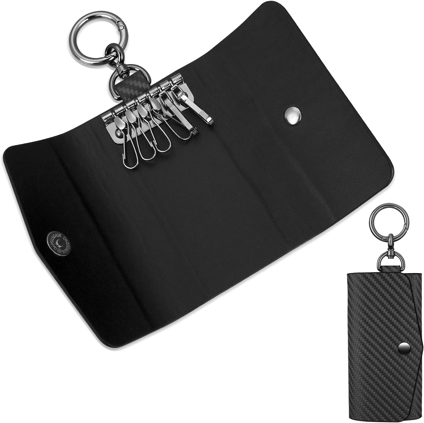 Leather Keychain Wallets Portable Key Holders Pouch Multiple Key Holder with 6 Hooks for Men or Women,Carbon Fiber Pattern - Image 2
