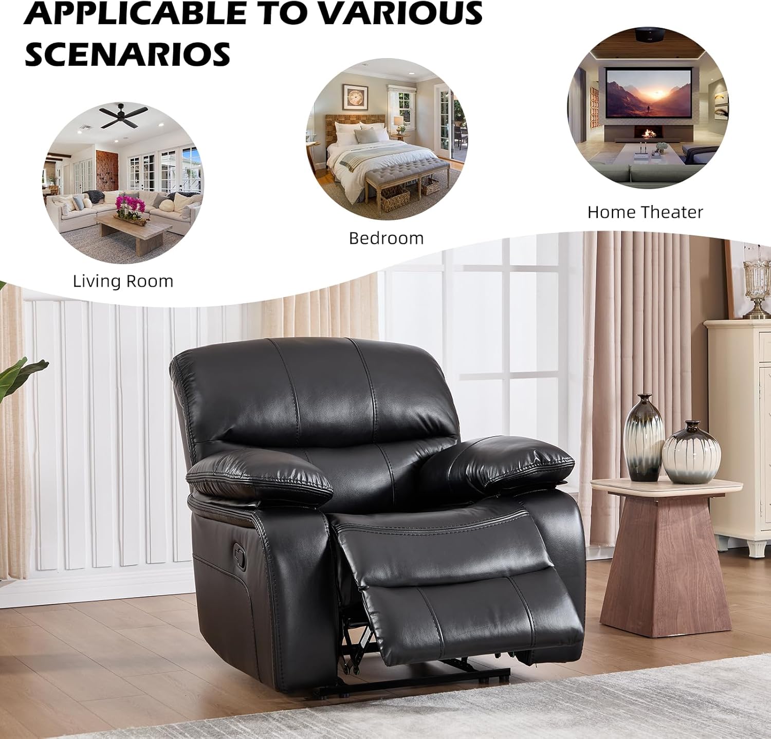 EBELLO Faux Leather Manual Recliner Chair, Americana Minimalist Single Reclining Sofa Chair with Footrest, Padded Headrest & Armrests Premium Furniture for Living Room, Bedroom, Black