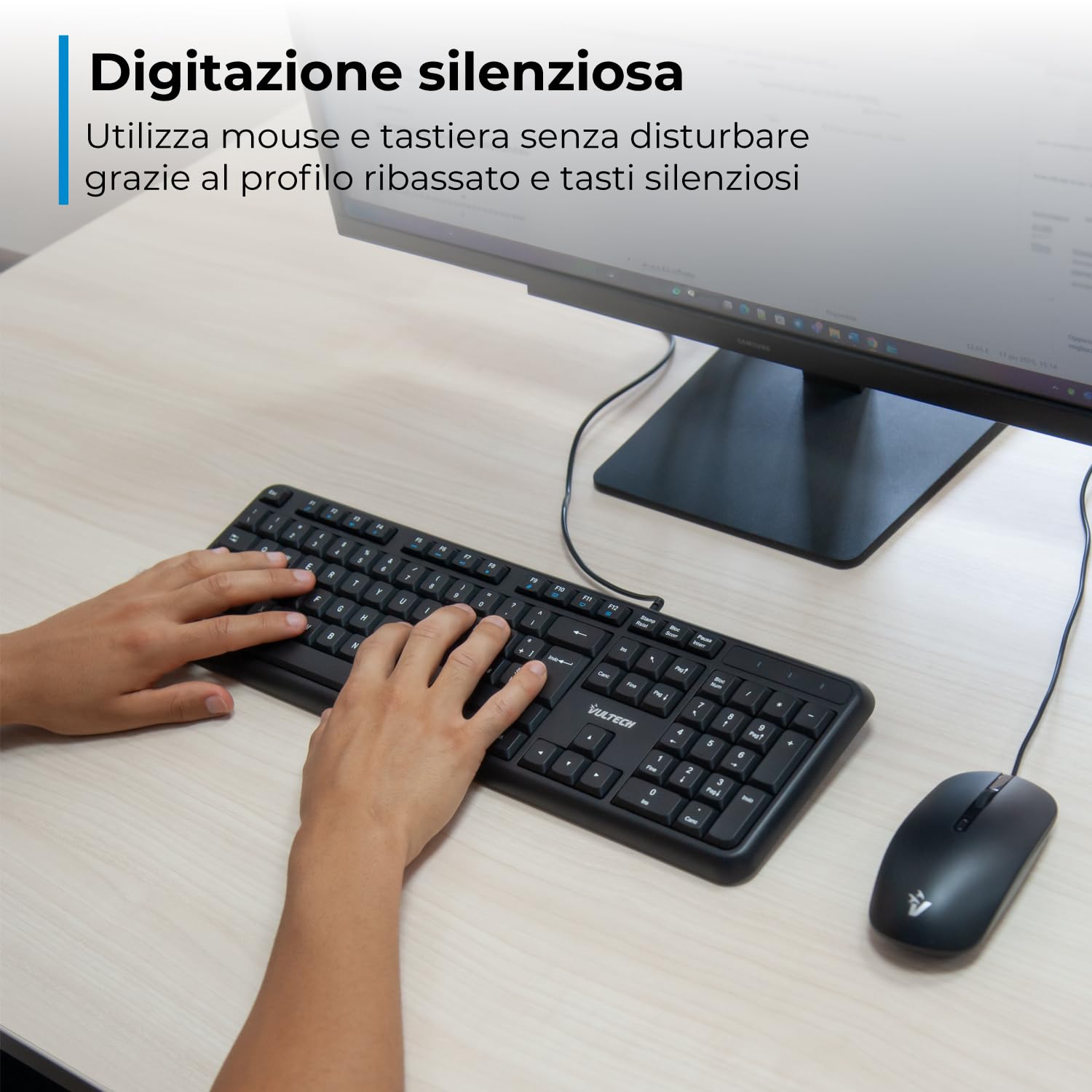 VulTech KM-811 Kit Tastiera e Mouse USB silenziosi layout italiano QWERTY, Nero