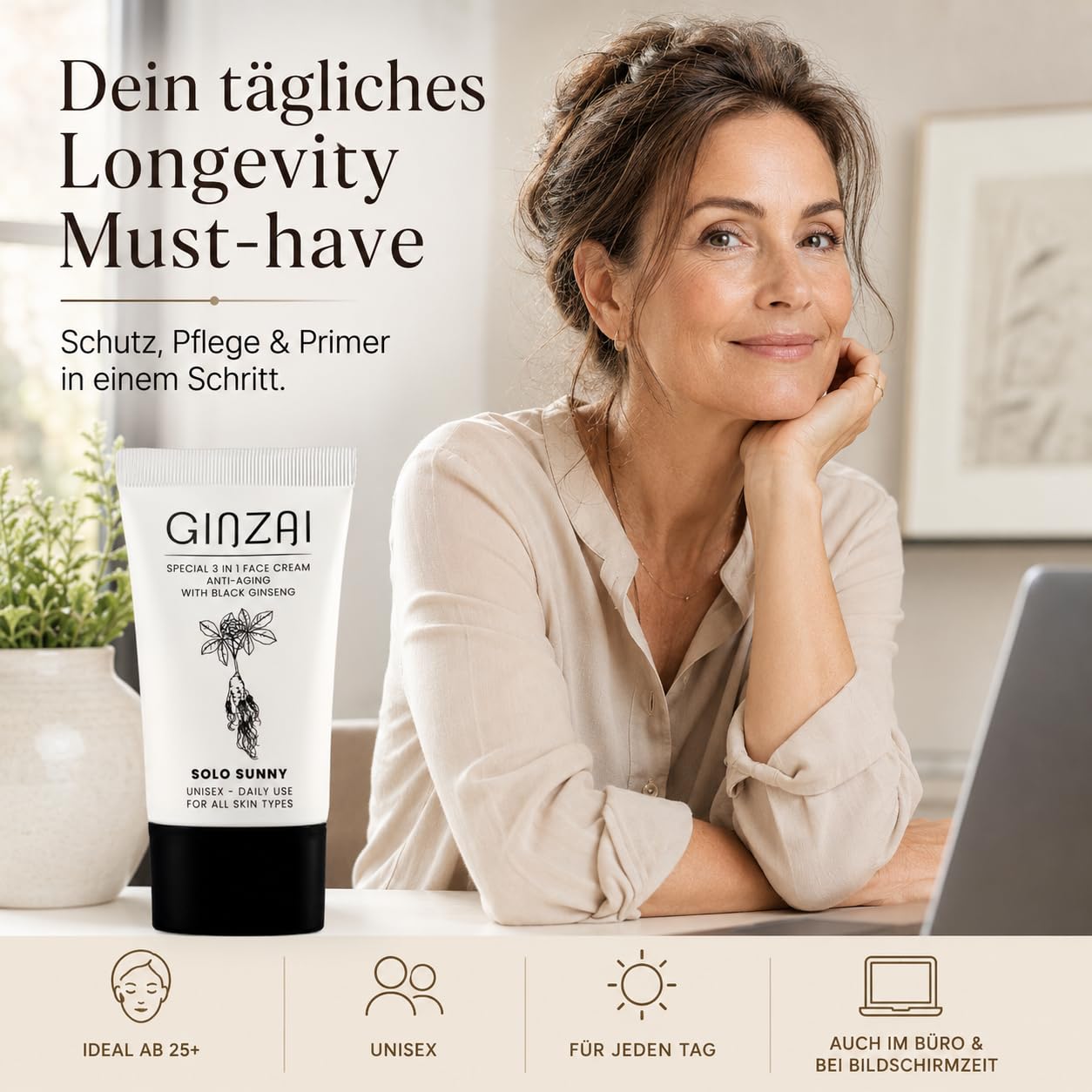 Solo SUNNY 3 w 1 krem na dzień z filtrem SPF 50+/PA+++, czarny koreański żeń-szeń, niacynamid i kwas hialuronowy, do wszystkich rodzajów skóry, 50 ml
