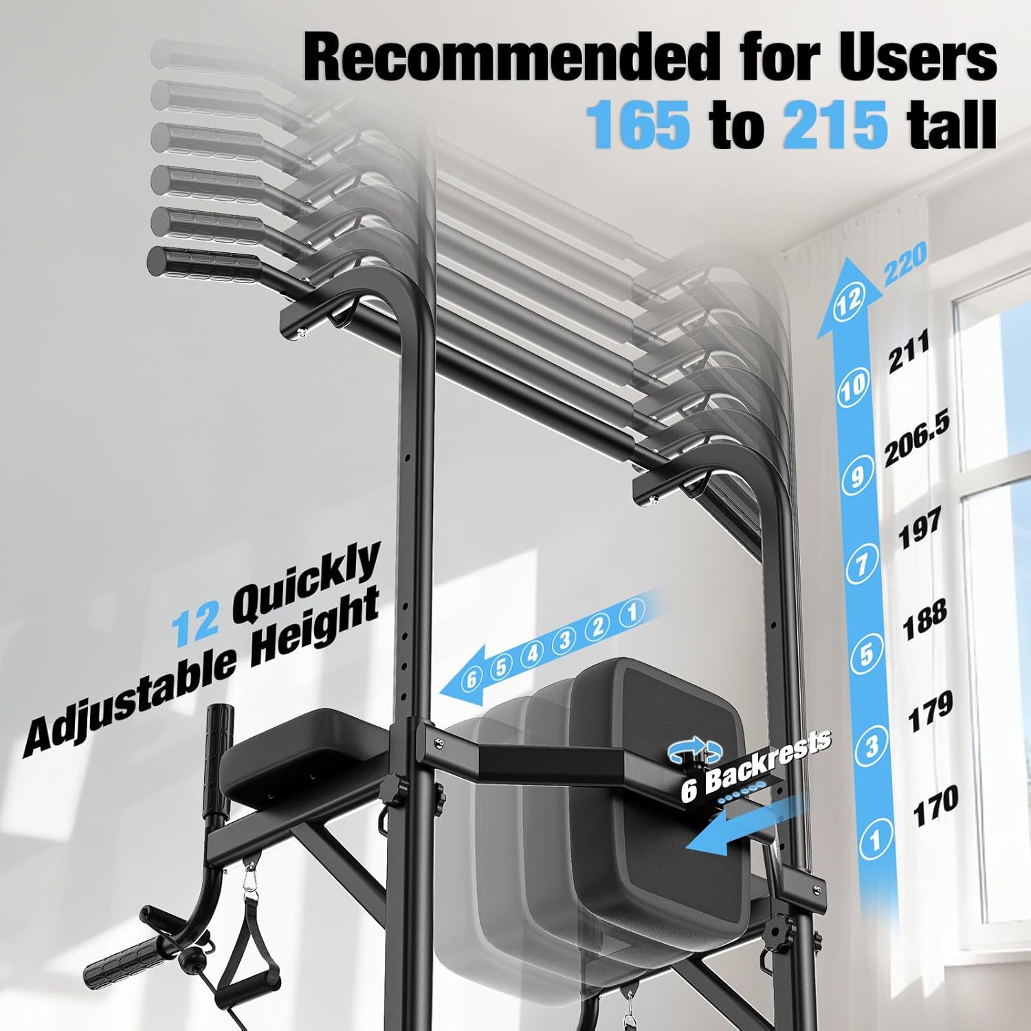 Dskeuzeew Power Tower illustrating 12 quickly adjustable height levels from 170 to 220 cm and 6 adjustable backrest positions.