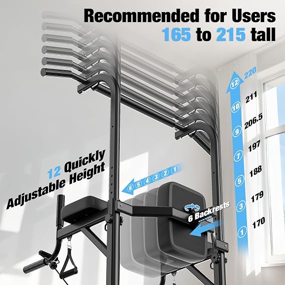 Dskeuzeew Power Tower Dip Station Pull Up Bar, Adjustable Height Multi-Function Power Tower, Push Up Workout Abdominal Exercise for Home Gym Strength Training Fitness Workout Equipment