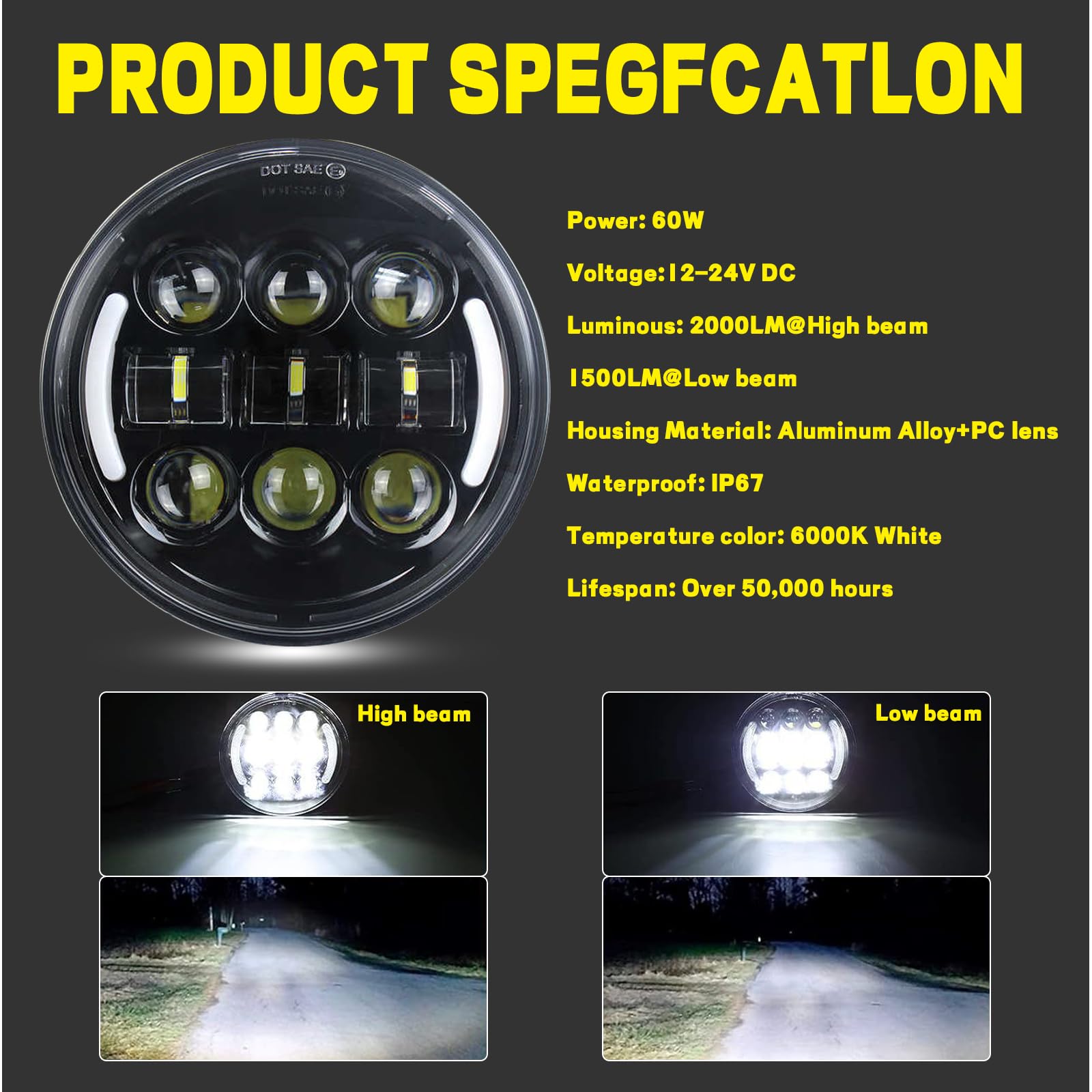 Phare LED rond de 5-3/4" 5,75 pouces (14,5 cm) avec clignotants, feux de route et de croisement, DRL, compatible avec Harley Sportster XL 883 1200 Dyna