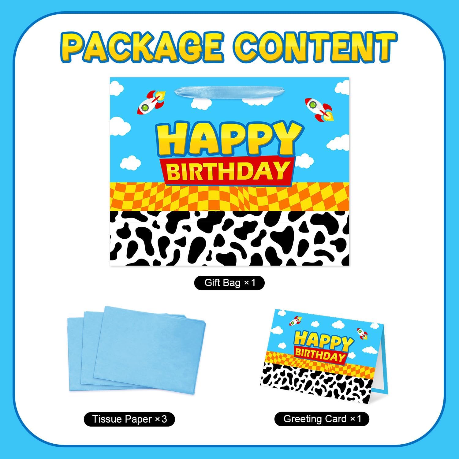 Reyoust 13" Large Toy Gift Bag with Card and Tissue Paper Toy Inspired Story Present Bag for Happy Birthday Blue Cartoon Party Decorations 1Pcs 13" L x 10.2" H x 4.9" D