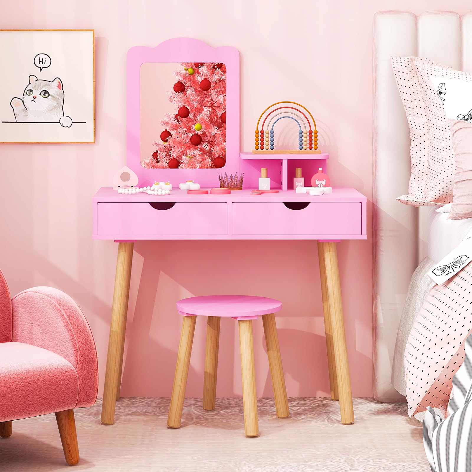 COSTWAY 2 in 1 Set Toeletta per Bambini, Postazione Trucco in Legno con Sgabello, Specchio Rettangolare Staccabile e 2 Cassetti Capienti, Ideale per Bambini dai 3 ai 7 Anni (Rosa Scuro)