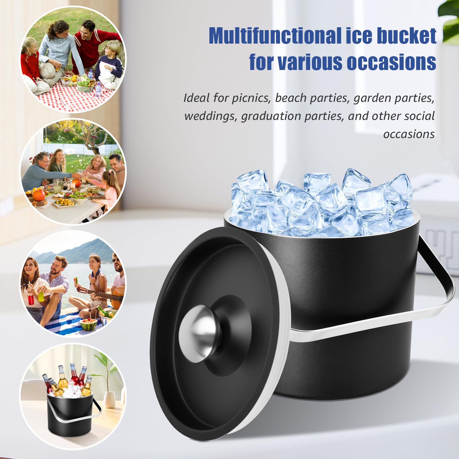 3L Seau à glace isolé exclusif de, en acier inoxydable, à double paroi, avec couvercle en silicone, pince, passoire, bac à glaçons en acier inoxydable, seau à glace isolé pour les fêtes
