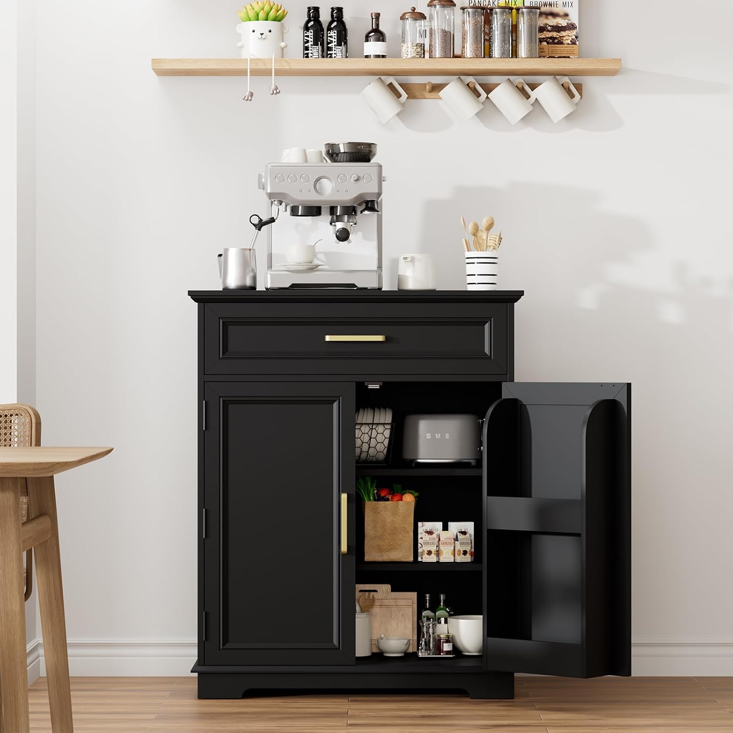 REDAYFUR Kitchen Storage Cabinet with Drawer, Buffet Cabinet with Storable Door, Modern Floor Sideboard, Black Freestanding for Kitchen