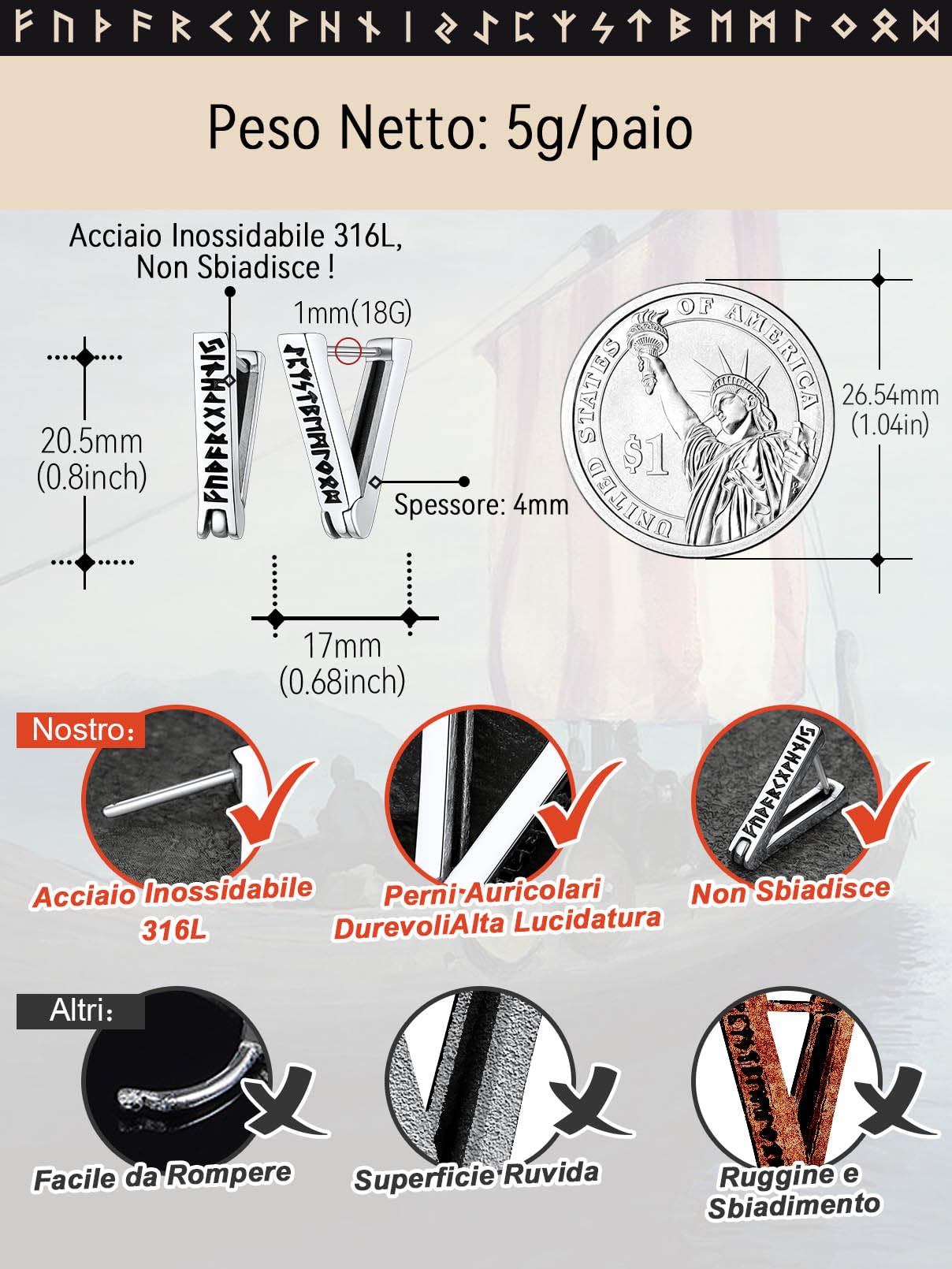 FaithHeart Uomo Donna Orecchini Cerchio di Rune Vichinghe Rune Celtiche Orecchini Cerchio Argento 925 / Acciaio Inox Antiallergico con Onice Gioielli Amuleto Nordico