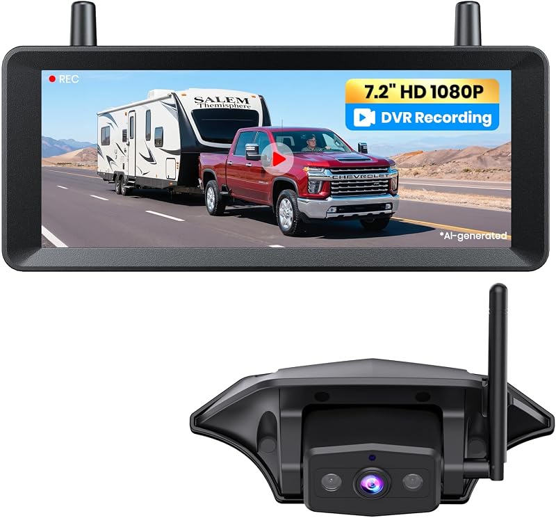 Cámara de respaldo inalámbrica para RV de 7.2": instalación Plug and Play de 30 minutos | Pantalla completa 1080P para una vista estable en vivo, visión nocturna infrarroja clara y cámara de respaldo con grabación DVR para RV, remolque, autocaravana