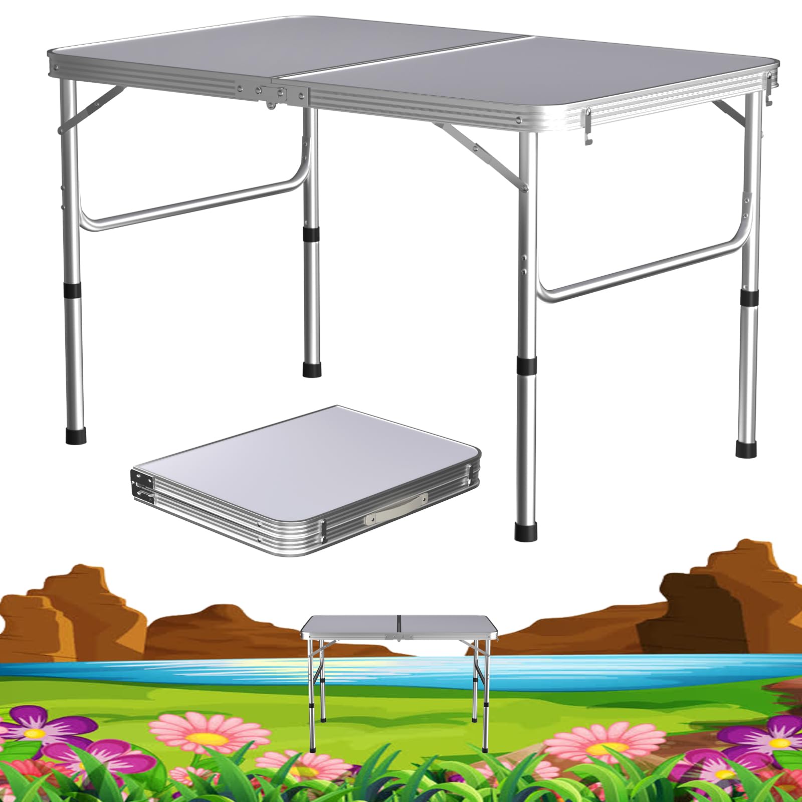 Lunc 3ft Folding Picnic Table - Pop-Up Camping Kitchen Work Top Trestle Table - Indoor/Outdoor Garden Catering - Adjustable 2-Height 1.2/2.2FT