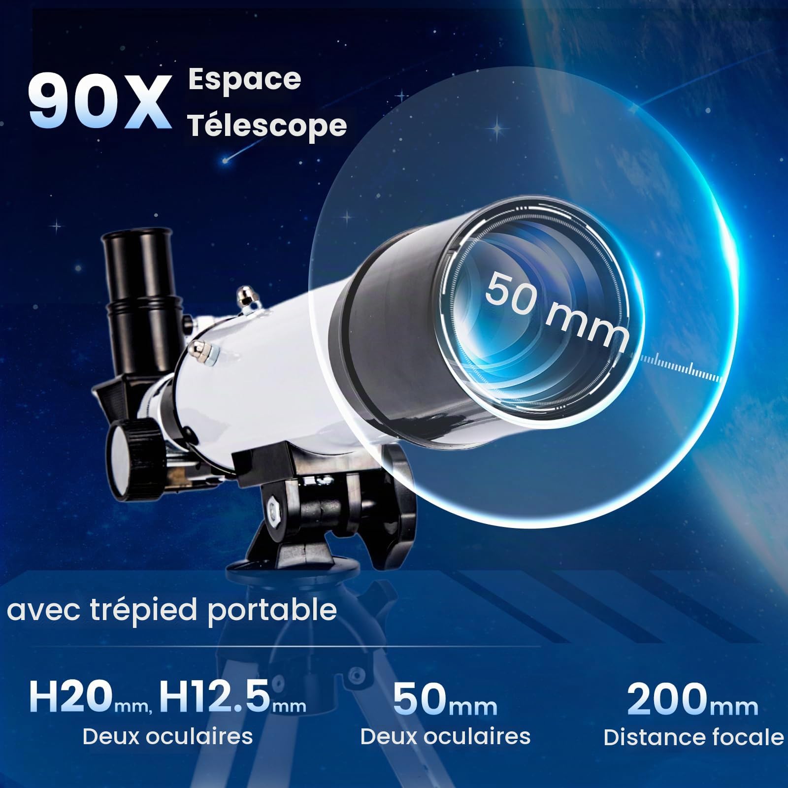 Télescope Enfant Astronomique avec Adaptateur Smartphone pour Astrophotographie Diamètre 50 mm Focale 360 mm Télescope Portable avec Trépied Réglable pour Enfants et Débutants 8-12 Ans