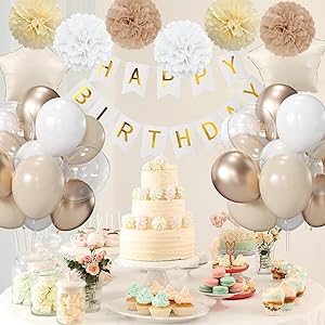 Rabbmall Birthday Decorations for Women White Sand Champagne Gold Party Decor Supplies Including Happy Birthday Banner Confetti Latex Nude Balloon Foil Balloon and Ribbon