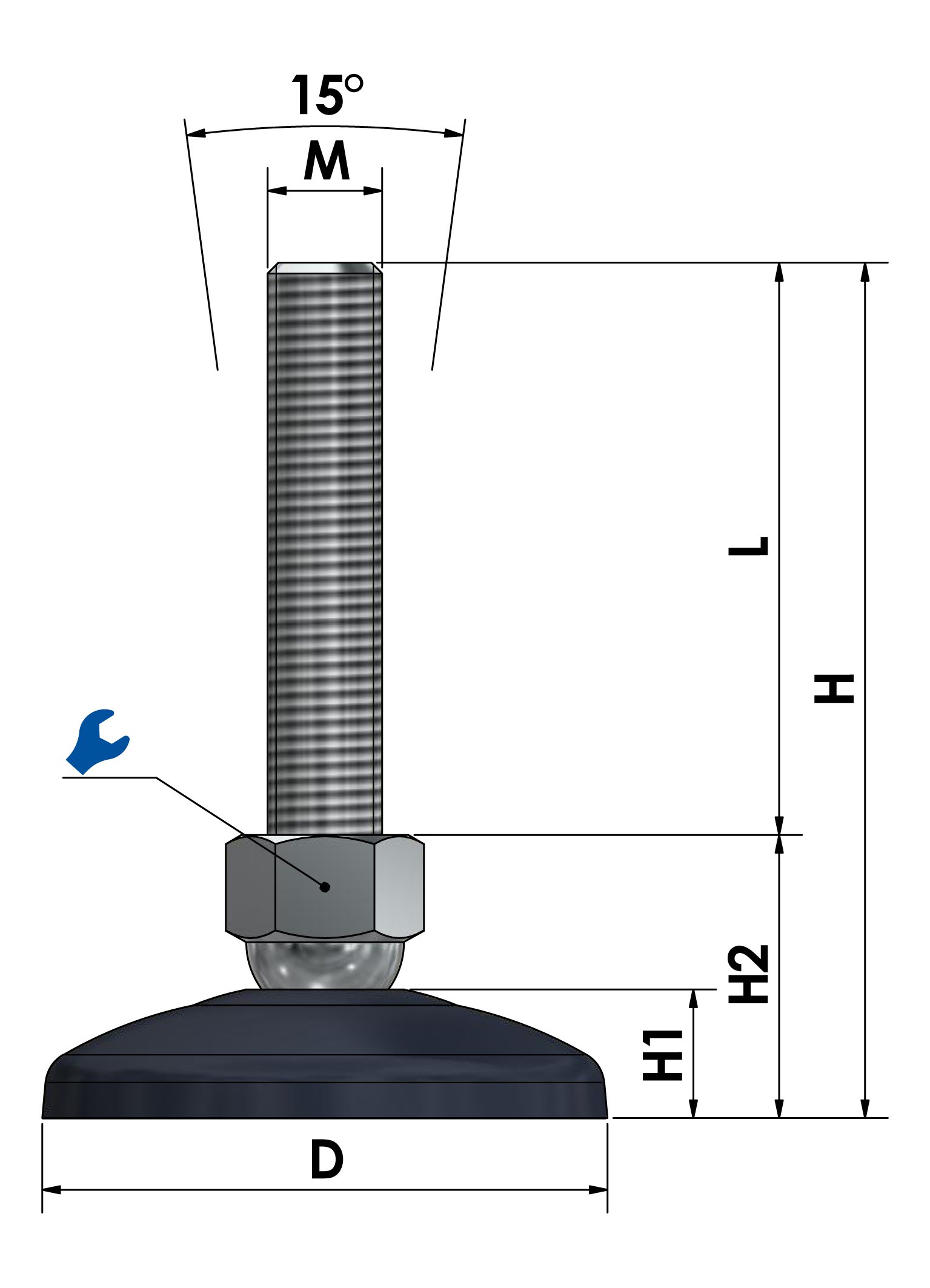 Schwaderer Maschinenfuß/Stellfuß/Nivellierfuß/Gelenkfuß, höhenverstellbar KF 80 (M30x1,5x180), Ø 79mm, Gewinde M30x1,5, Länge 79mm, Kunststoff/Stahl, Gewinde von M8-M30