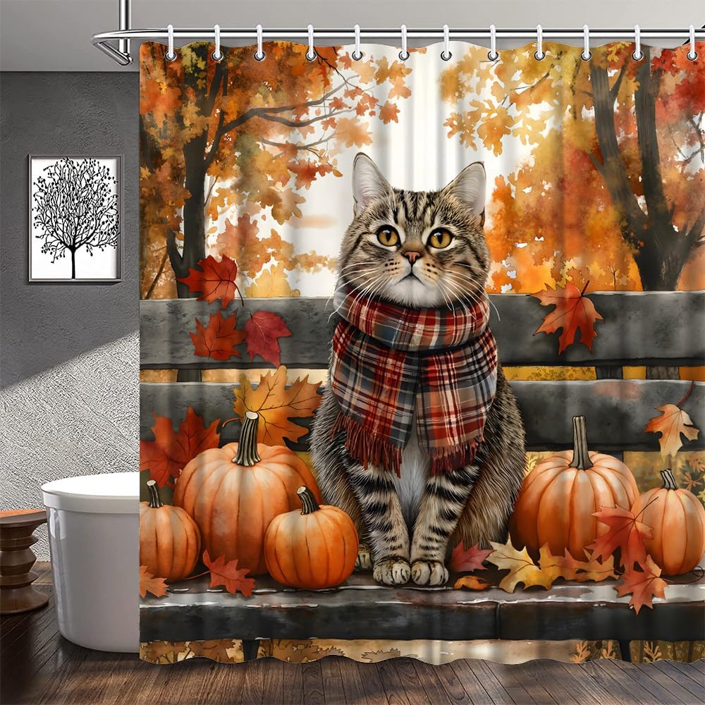 Fall Cat Shower Curtain Autumn Cute Kitten Pumpkins Maple Leaves Forest Rustic Wooden Board Watercolor Thanksgiving Harvest Bathroom Decor Polyester Fabric Curtains with Hook 70Wx80H Inches