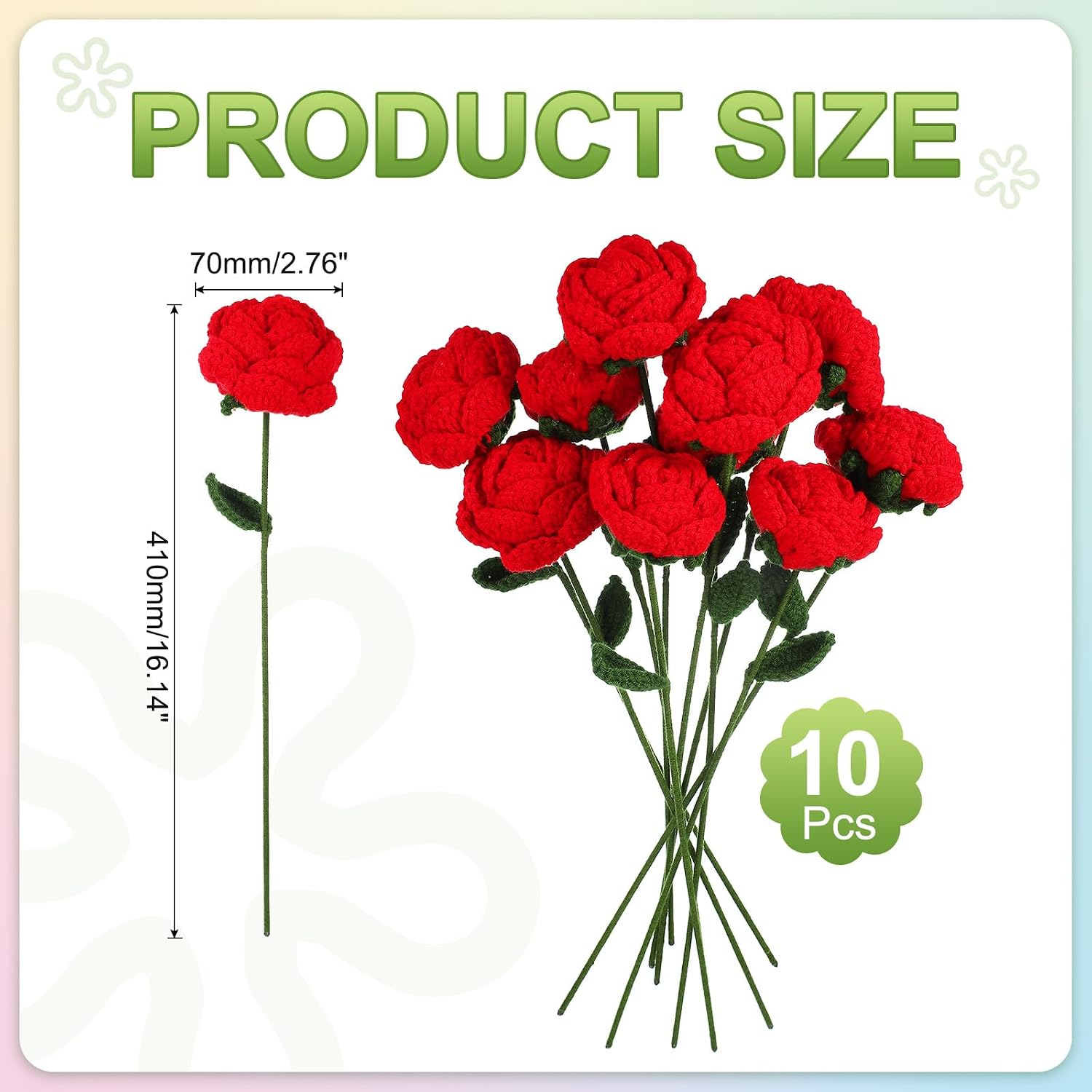 MECCANIXITY Crochet Flowers Handmade Knitting Rose Artificial Woven Small Potted with Stems for Valentine's Gifts Home Wedding Party Office Table Decor, Red Count 10