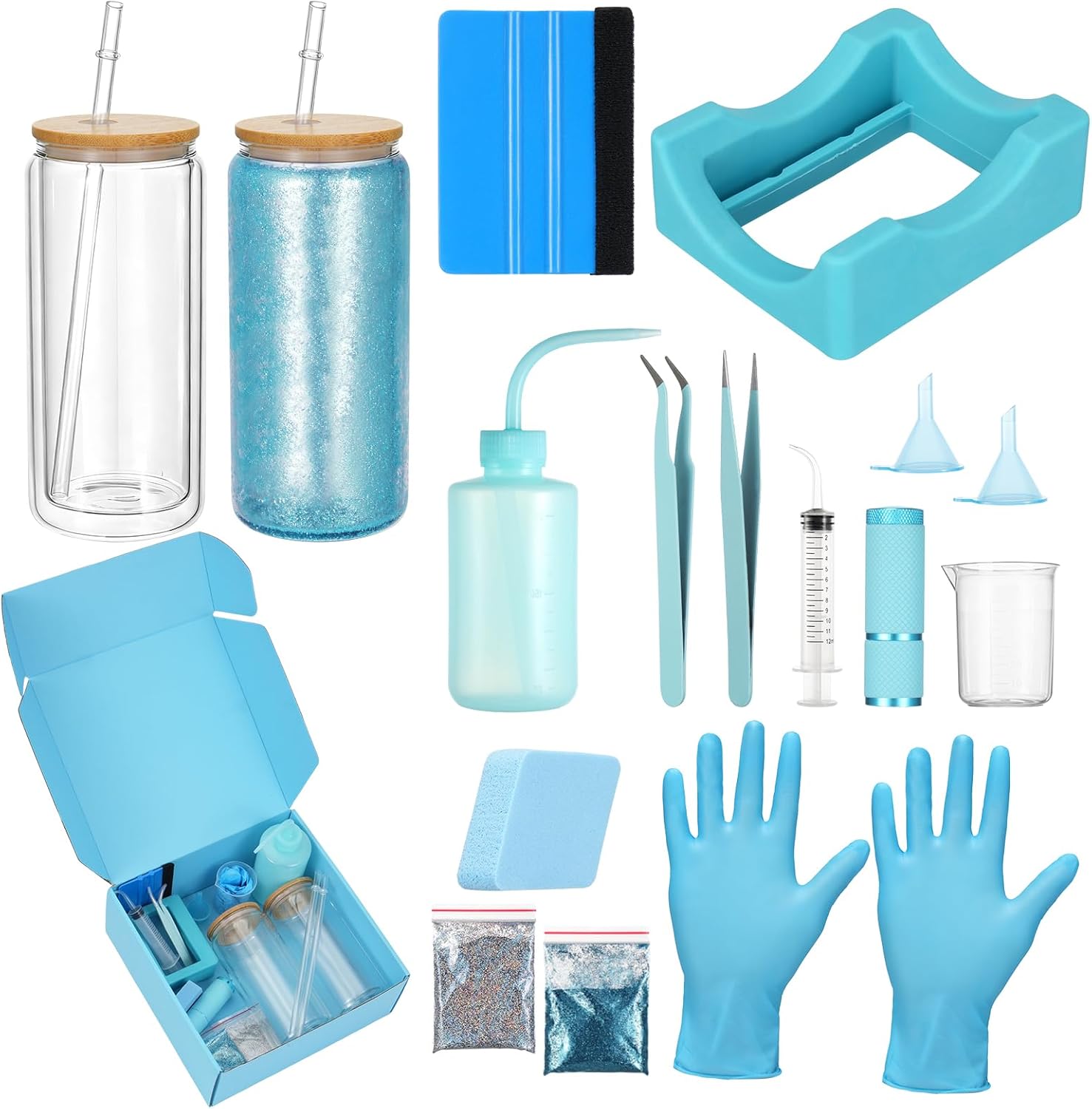 Foxtell 18 Pcs Snow Globe Tumbler DIY Kit 16 oz Pre Drilled Wall Double-Wall Snow Globe Cups with Lids Glitter Tools & Accessories Complete Craft Set for Making Custom Glitter Tumblers (Blue)