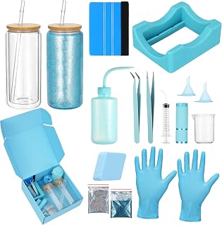 Foxtell 18 Pcs Snow Globe Tumbler DIY Kit 16 oz Pre Drilled Wall Double-Wall Snow Globe Cups with Lids Glitter Tools & Accessories Complete Craft Set for Making Custom Glitter Tumblers (Blue)