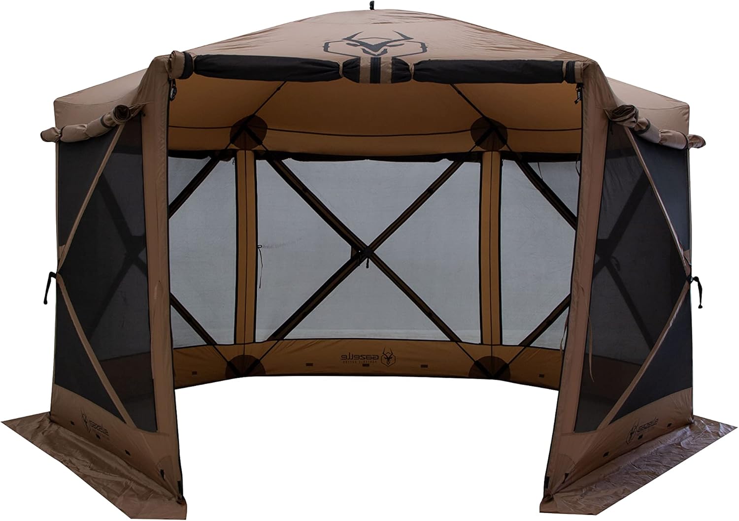 Gazelle Tents™, G6 Deluxe 6-Sided Portable Gazebo, Easy Pop-Up Hub Screen Tent, Waterproof, UV Resistant, Attached Wind Panels, 8-Person & Table, Badlands Brown, 86" x 124" x 124", GG610BR