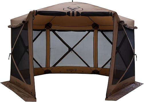 Gazelle TentsTM, G6 Deluxe 6-Sided Portable Gazebo, Easy Pop-Up Hub Screen Tent, Waterproof, UV Resistant, Attached Wind Panels, 8-Person & Table, Badlands Brown, 86" x 124" x 124", GG610BR