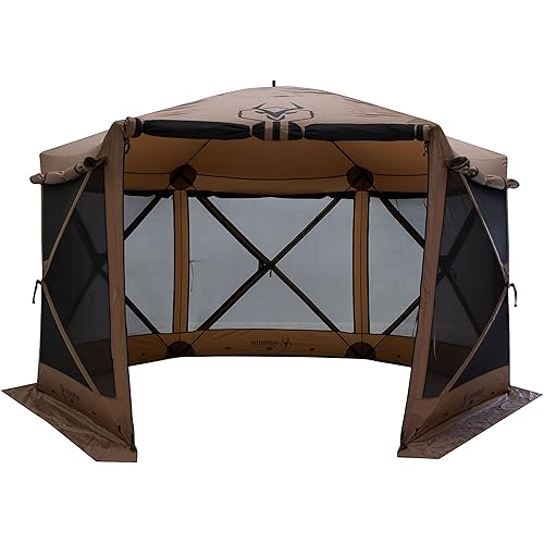 Gazelle Tents™, G6 Deluxe 6-Sided Portable Gazebo, Easy Pop-Up Hub Screen Tent, Waterproof, UV Resistant, Attached Wind Panels, 8-Person & Table, Badlands Brown, 86" x 124" x 124", GG610BR