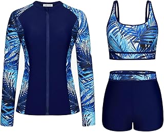 Traje de baño de princesa de 3 piezas Rashguard para mujer, manga larga, con pantalones cortos, conjuntos de bikini push up para mujer, color negro