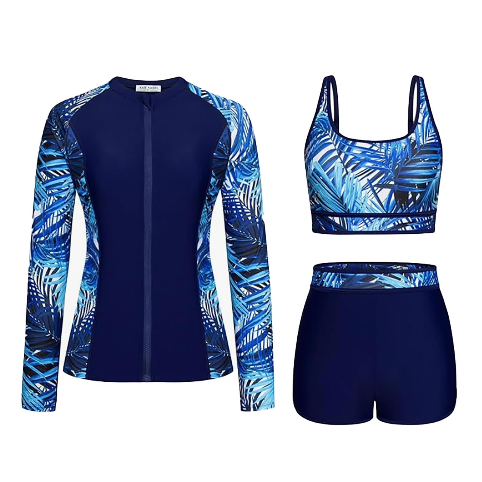 Maillot de bain 3 pièces pour femme - Maillot de bain à manches longues avec short push-up - Pour l'été, la plage, la piscine, les vacances