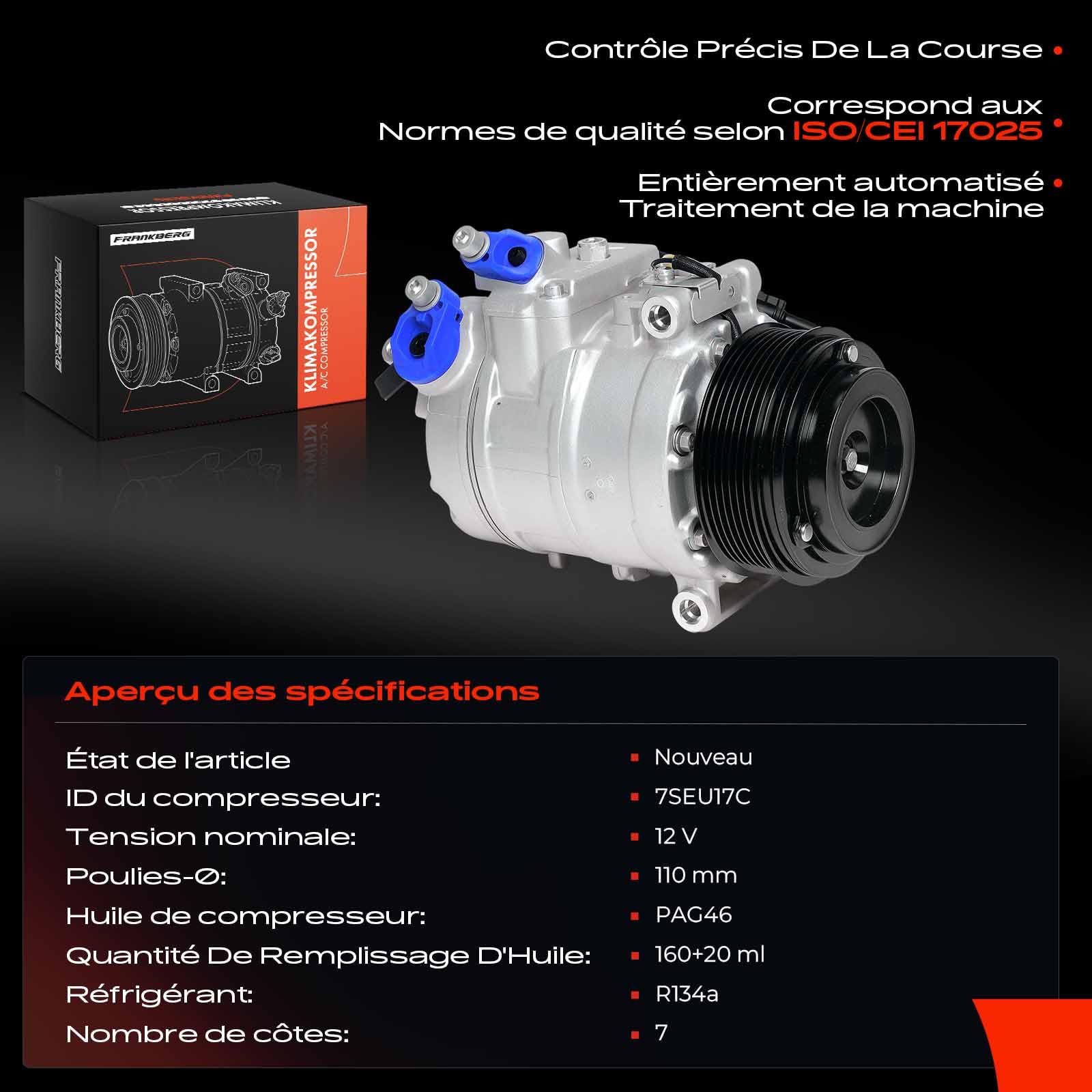 Frankberg Compresseur de climatisation avec embrayage, diesel, 64526987890 | Compatible avec: Série 5 Gran Turismo F07, Série 5 Touring F11, X6 E71 E72, X5 E70, Série 5 F10, Série 7 F01 F02 F03 F04
