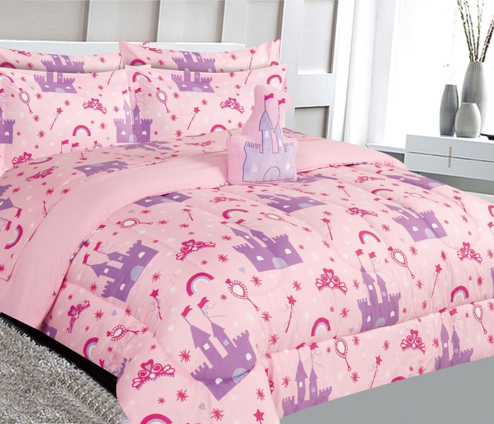 6 Piece Twin Girl Boy Teenager Toodler Comforter Bedding Bed in a Bag Complete Set Printed Comforter Sheets Pillowsham and Decorative Pillow (Princess