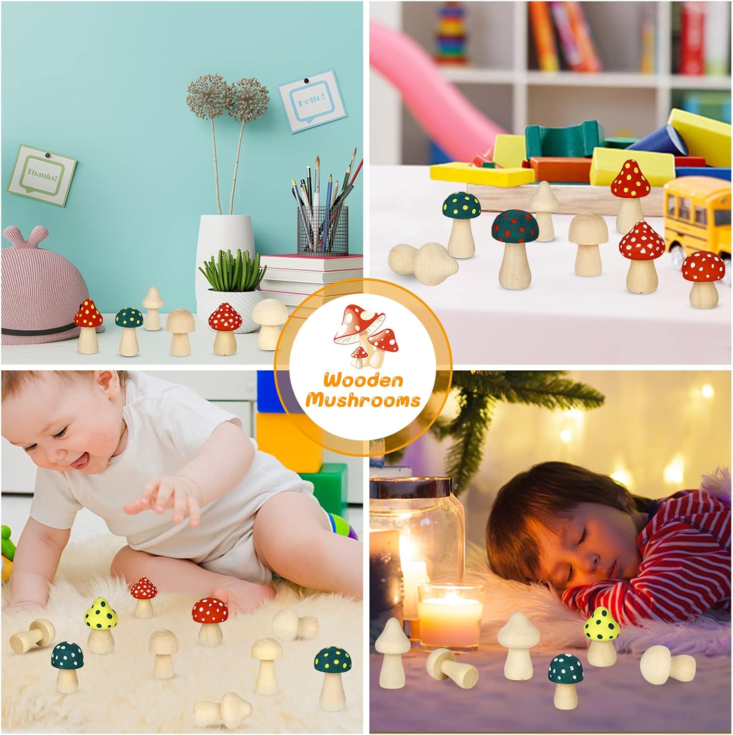 60PCS Unfinished Wooden Mushroom, 6 Sizes of Natural Mini Wood Mushrooms for Arts and Crafts Projects Decoration, DIY Paint Color