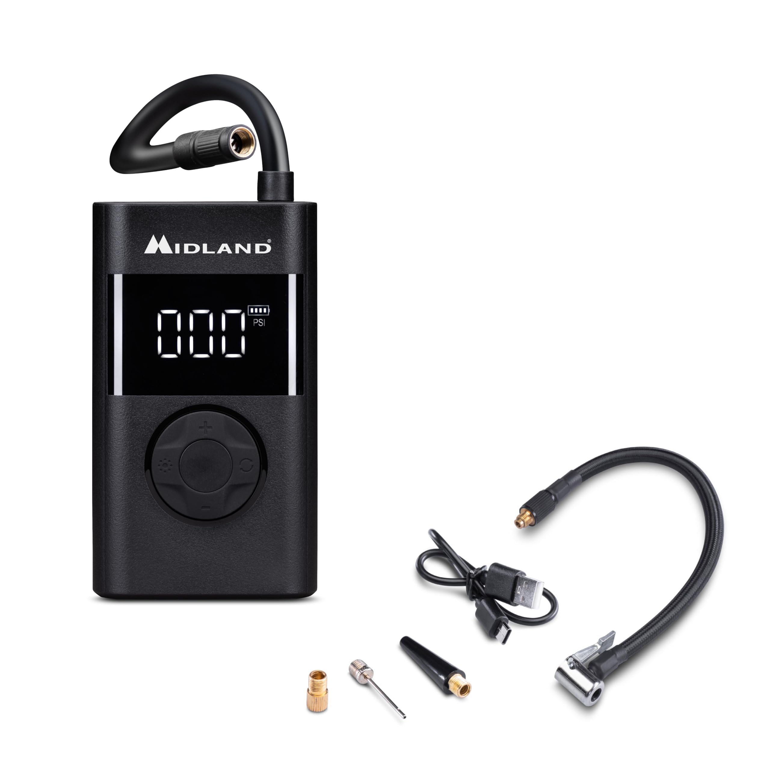 Midland - ENERPUMP | Compressore d'aria portatile 150 PSI/10 Bar, Batteria 4000 mAh+Batteria esterna, Gonfiaggio rapido Moto, Bicicletta, Auto, Palloncini, Materasso