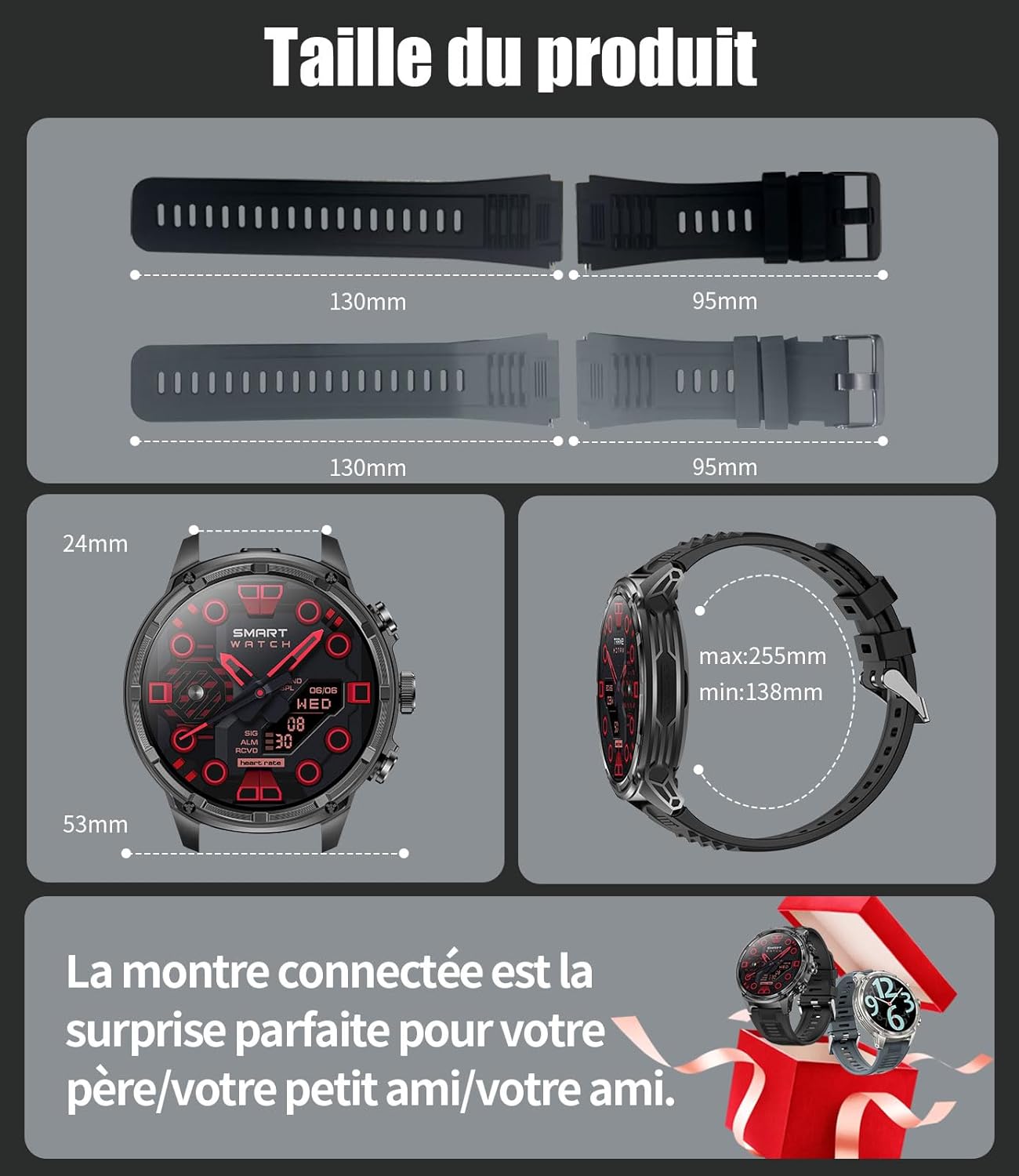 LIGE FV13 Smartwatch showing product dimensions and strap sizes