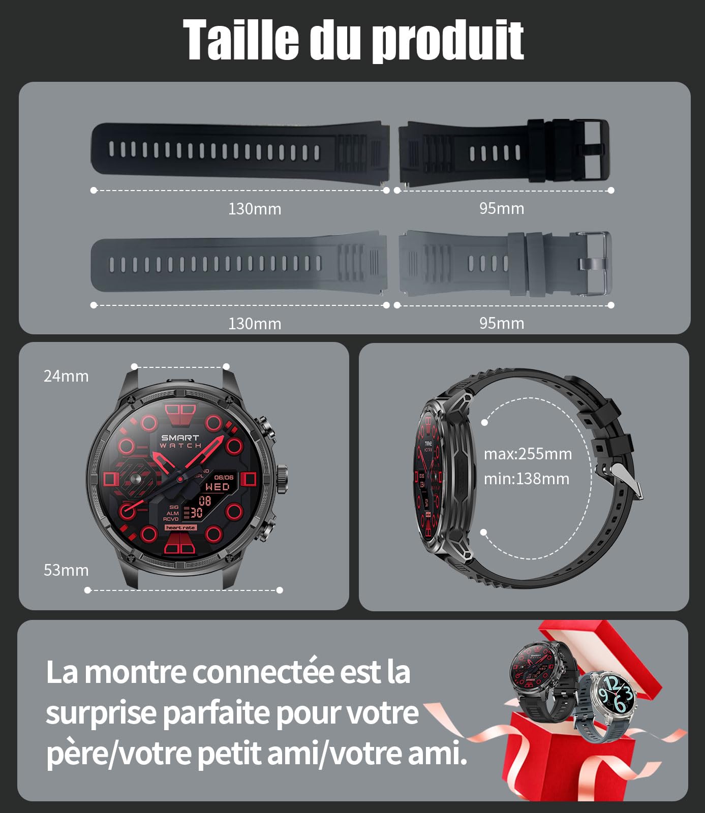 Montre Connectée Homme, Smartwatch Homme LED Lampe 1,85'' Écran HD Longue Autonomie, Montre Intelligente Santé Cardiaque Sommeil Tension Artérielle 120+ Modes Sportifs