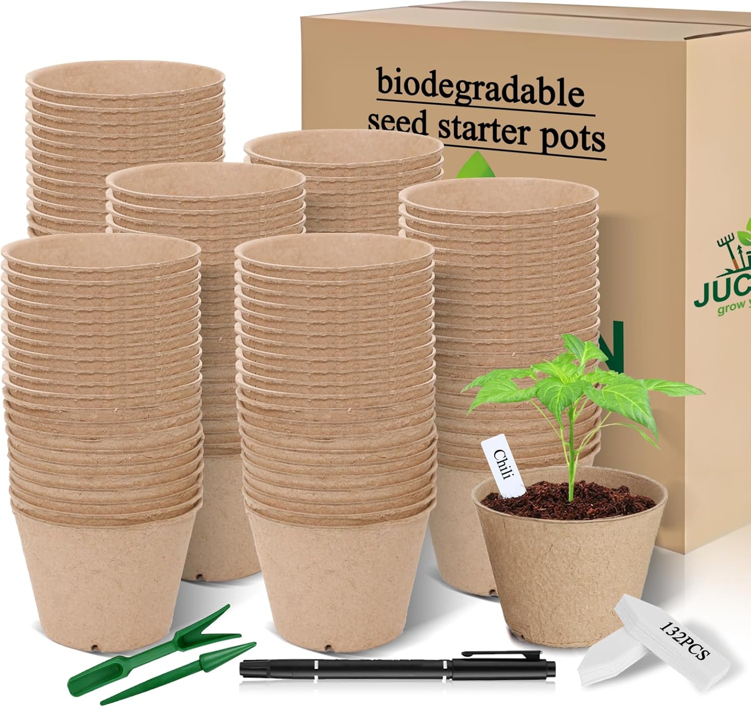Peat Pots 132 Pcs 4 inch, Biodegradable Compostable Plant Seed Starter Pot Paper Potting Cups for Seedling Planting Seeds, Thickened with Drainage Holes Includes Tools and 132 Plant Tag
