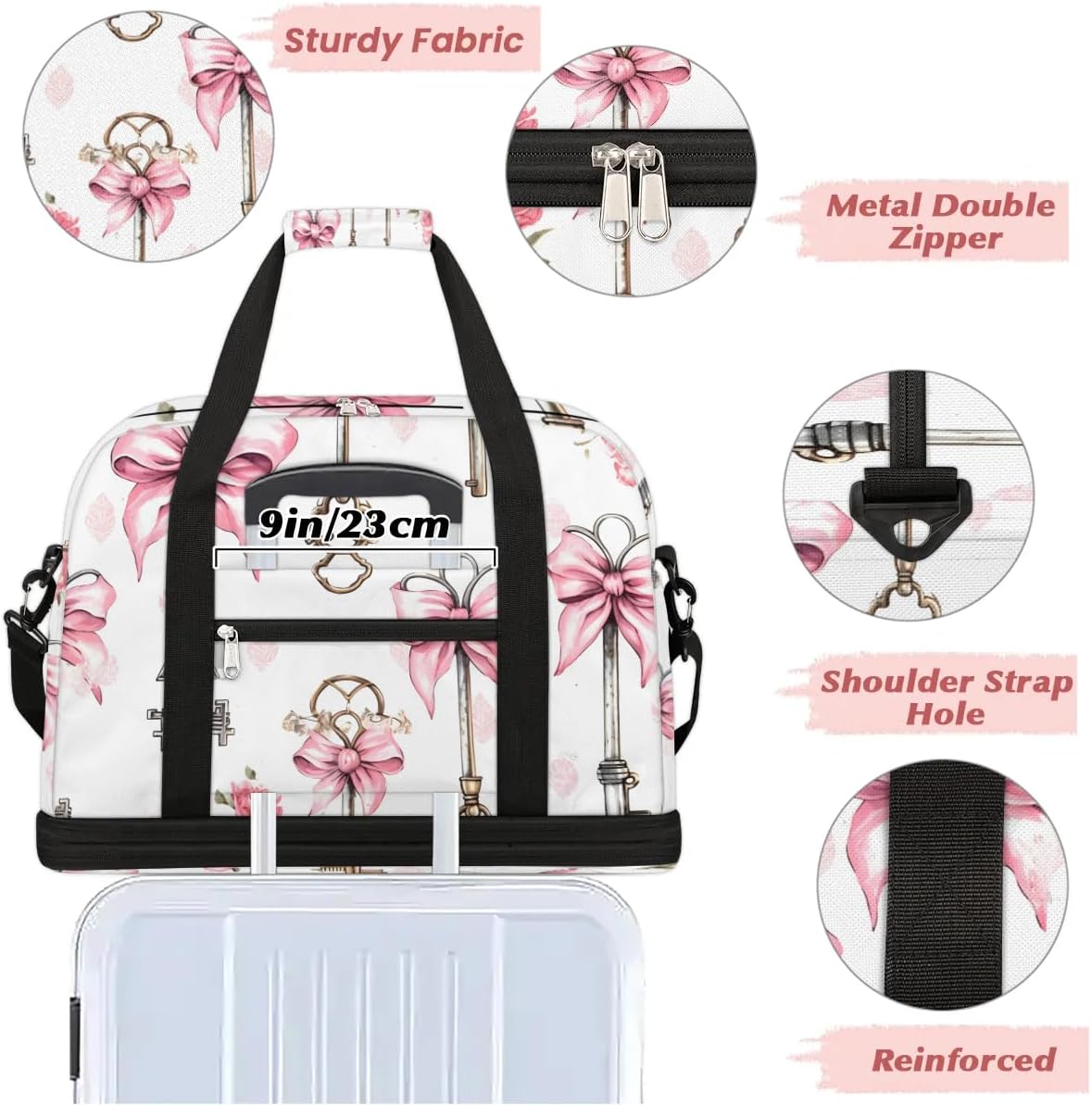 Sports Duffel Bag, Foldable Valentines Day Travel Duffel Bag, Gym Yoga Beach Bag Weekender Overnight Bag with Shoes Compartment for Men Women, Key Delicate Bow French