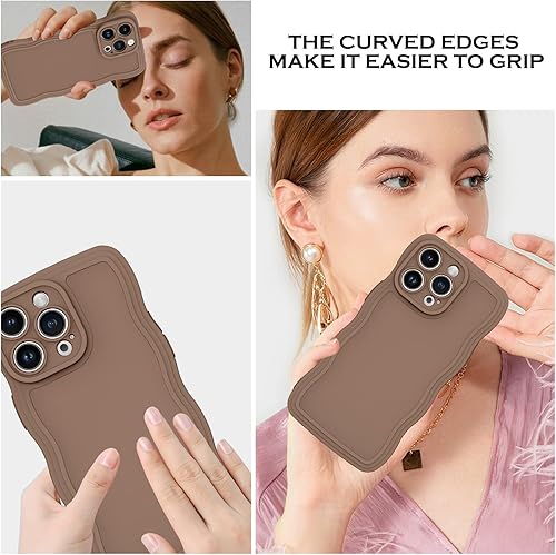 Miniatura 8 de YINLAI Funda diseñada para iPhone 15 Pro de 6.1 pulgadas, funda protectora de silicona suave color marrón, bonita forma de marco de onda rizada,