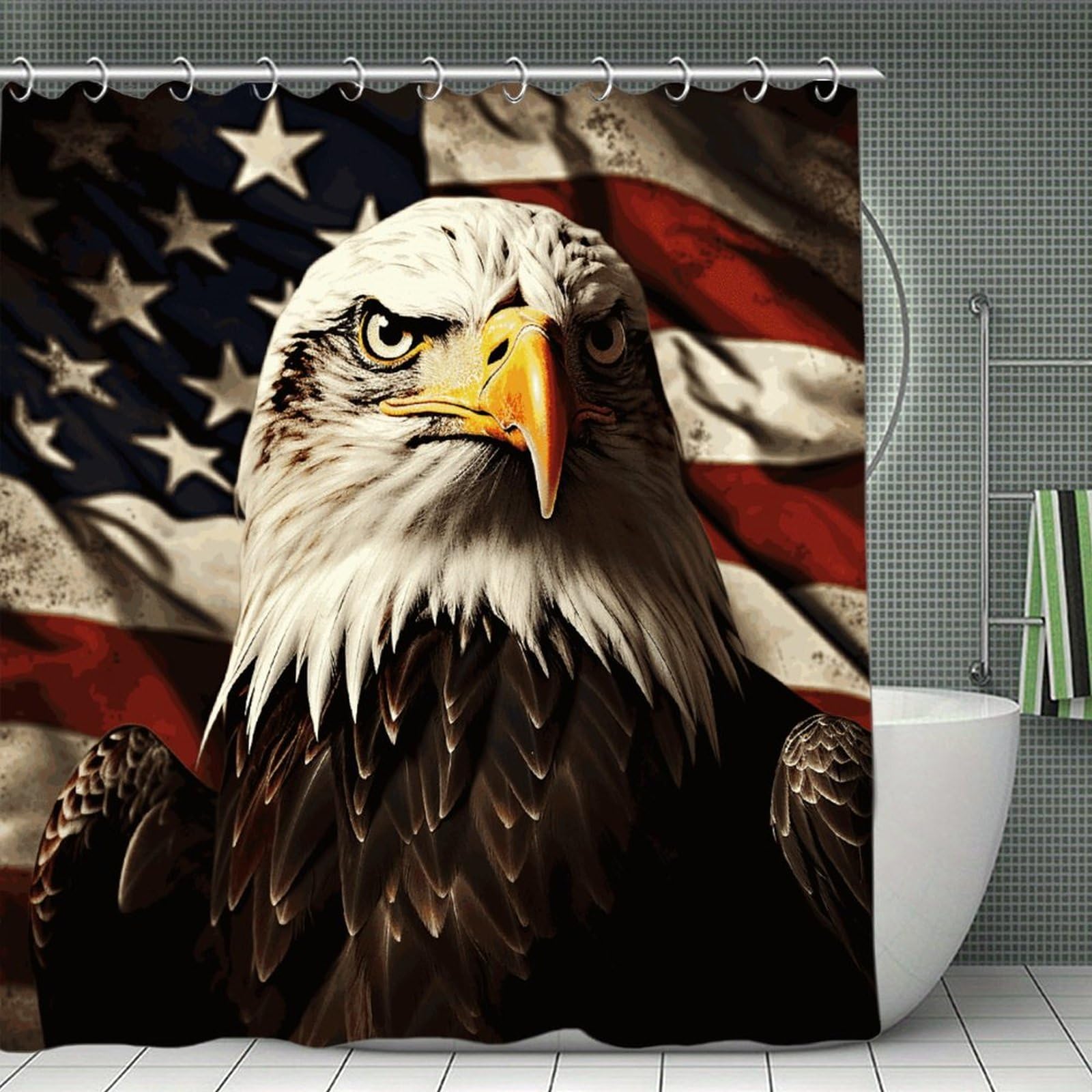 Bald Eagle Flag Veterans Shower Curtain Light-Weight Blackout Bathroom Curtain Washable Shower Liner 71x71 Inch Bath Curtain with Metal Holes Bathtub Bath Room