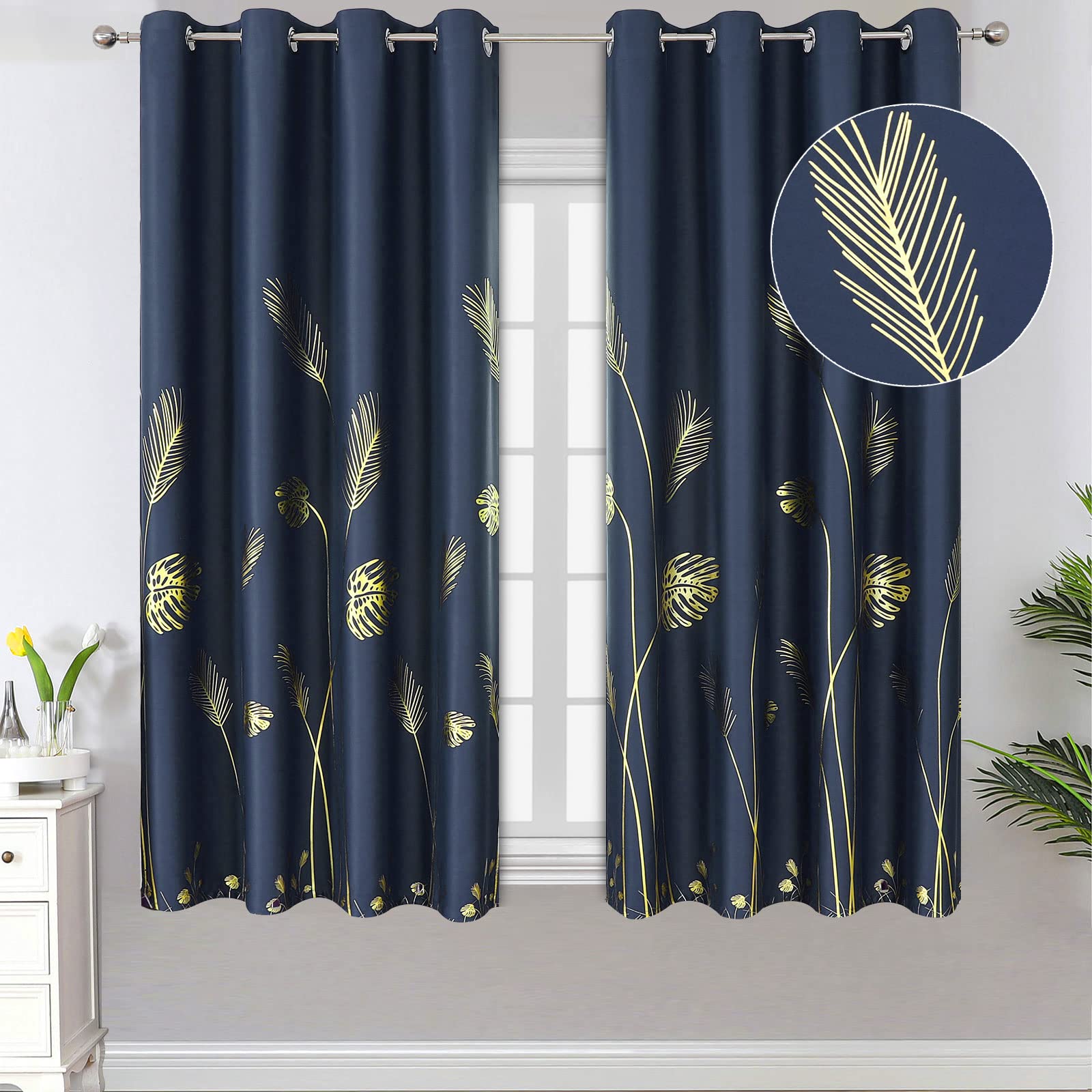 Estelar Textiler Blackout Window Curtains Gold Leaf and Wheat Print Grommet Blackout Curtains Thermal Insulated Drapes Blinds for Bedroom, Navy Blue,