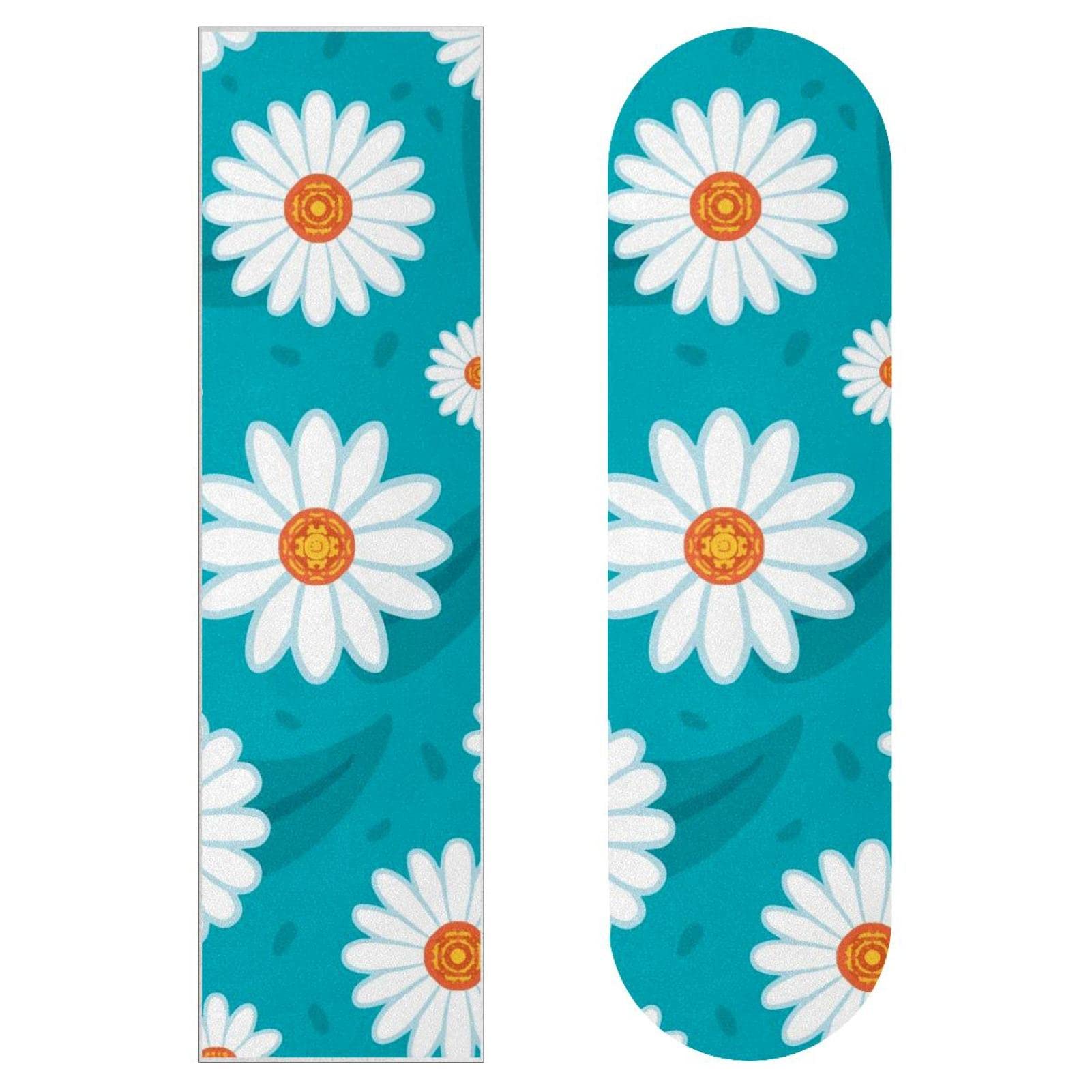 Lot de 2 feuilles de papier abrasif pour skateboard et longboard Motif marguerites blanches Fond bleu