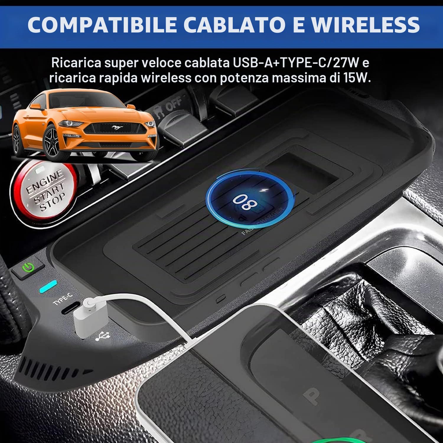 Caricatore Wireless Auto per Ford Mustang Coupe Convertible GT Shelby 2015-2023 Tutti i Modelli, 15W Qi Wireless Rapida Ricarica Telefono Pad con USB QC3.0 per iPhone 12/13 Samsung S22/S21