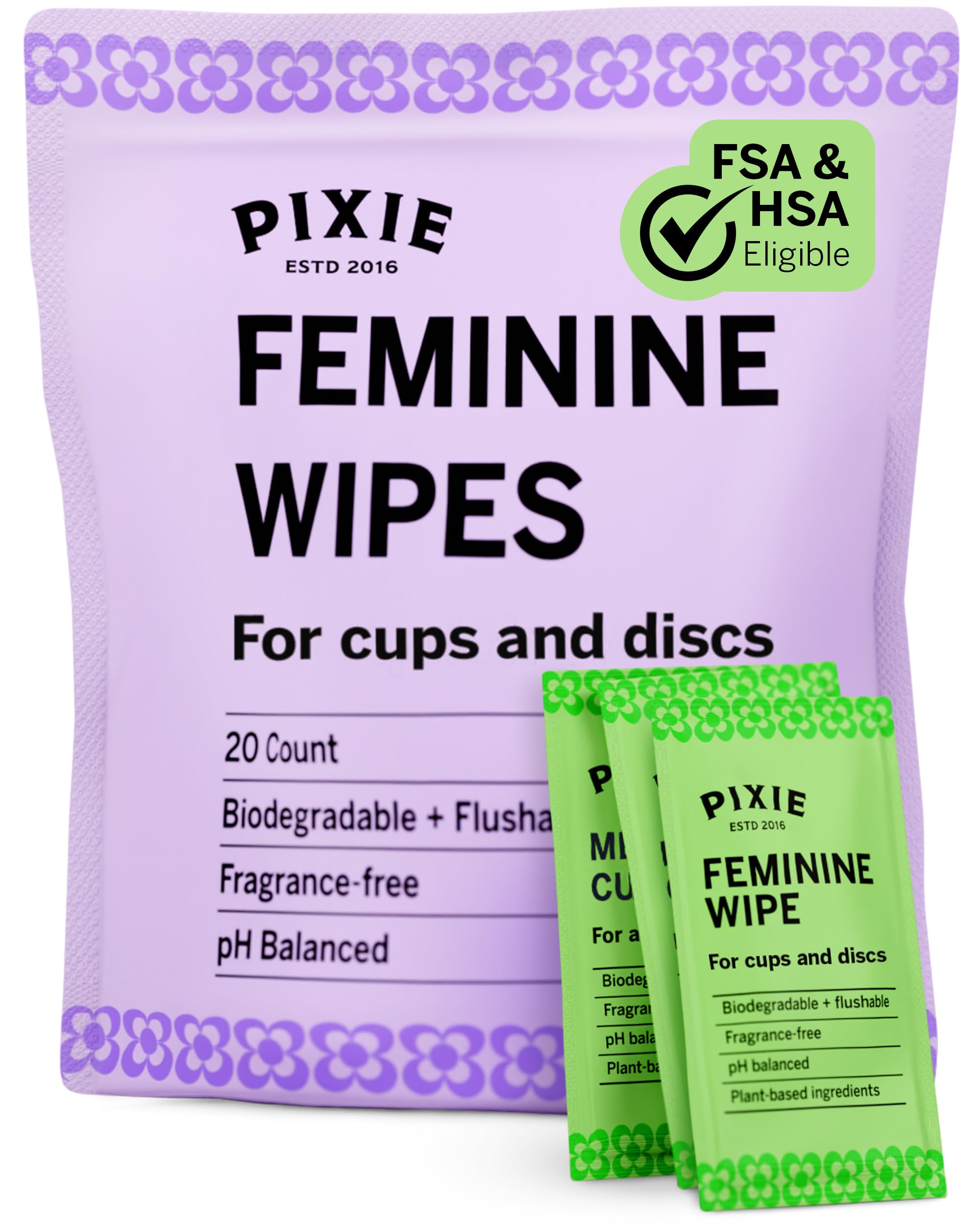 Pixie Feminine Wipes - Flushable, Biodegradable, pH Balanced & Unscented - Individually Wrapped Wipes for Feminine Care, On The Go & Public Bathrooms - Menstrual Cup Wipes for Cups & Discs (20 Count)