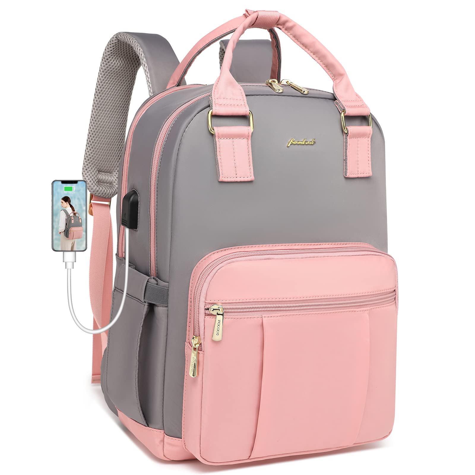 Focdod Laptop Backpack Women Work Bag: 15.6 Inch School College Backpacks Teacher Bags Purse Travel Computer Small Business Nurse Lightweight Back Pack with USB Charging Port Gift Pink