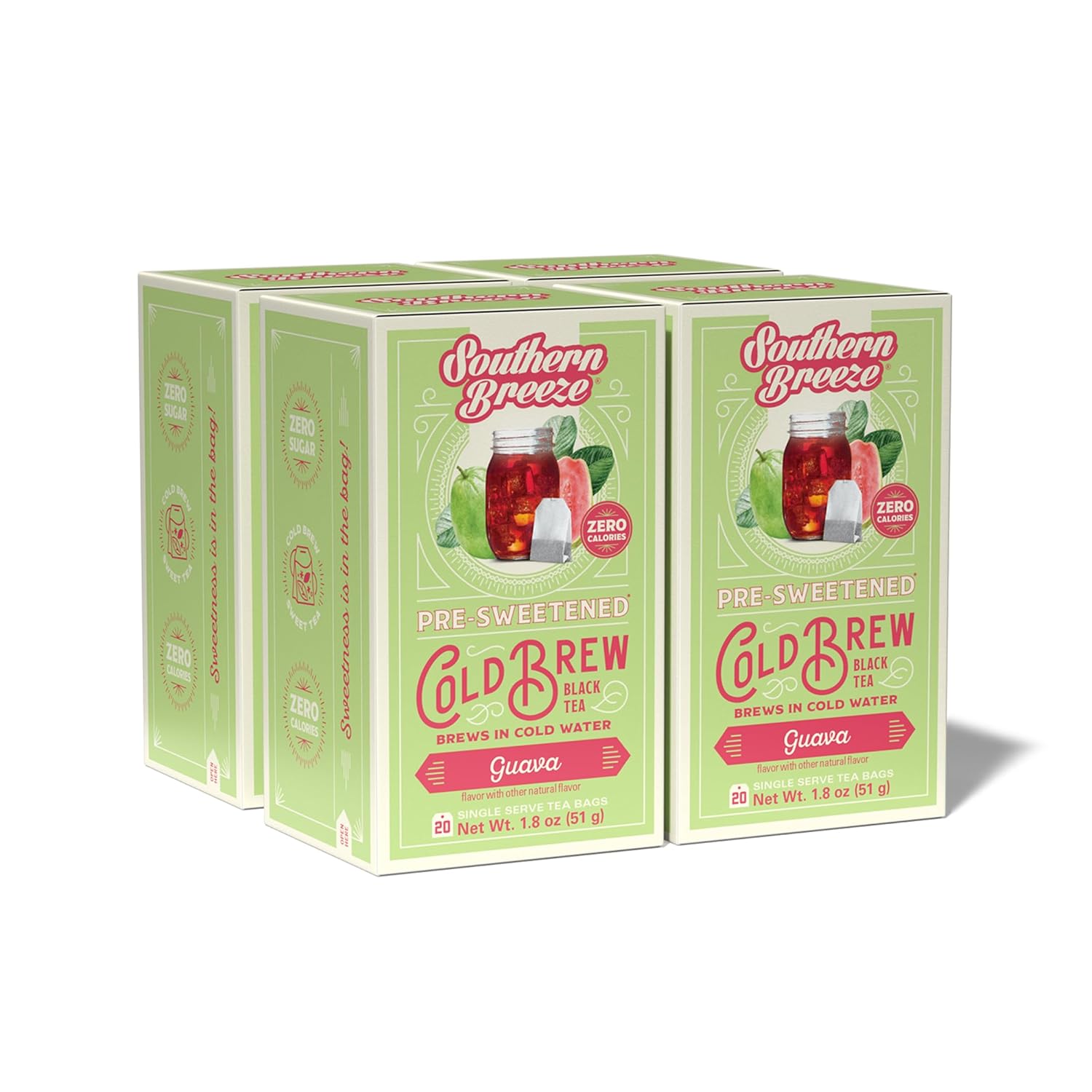 Southern Breeze Guava Cold Brew Sweet Tea Guava Iced Tea with Black Tea and Zero Carbs Zero Sugar, 20 Individually Wrapped Tea Bags Pack of 4