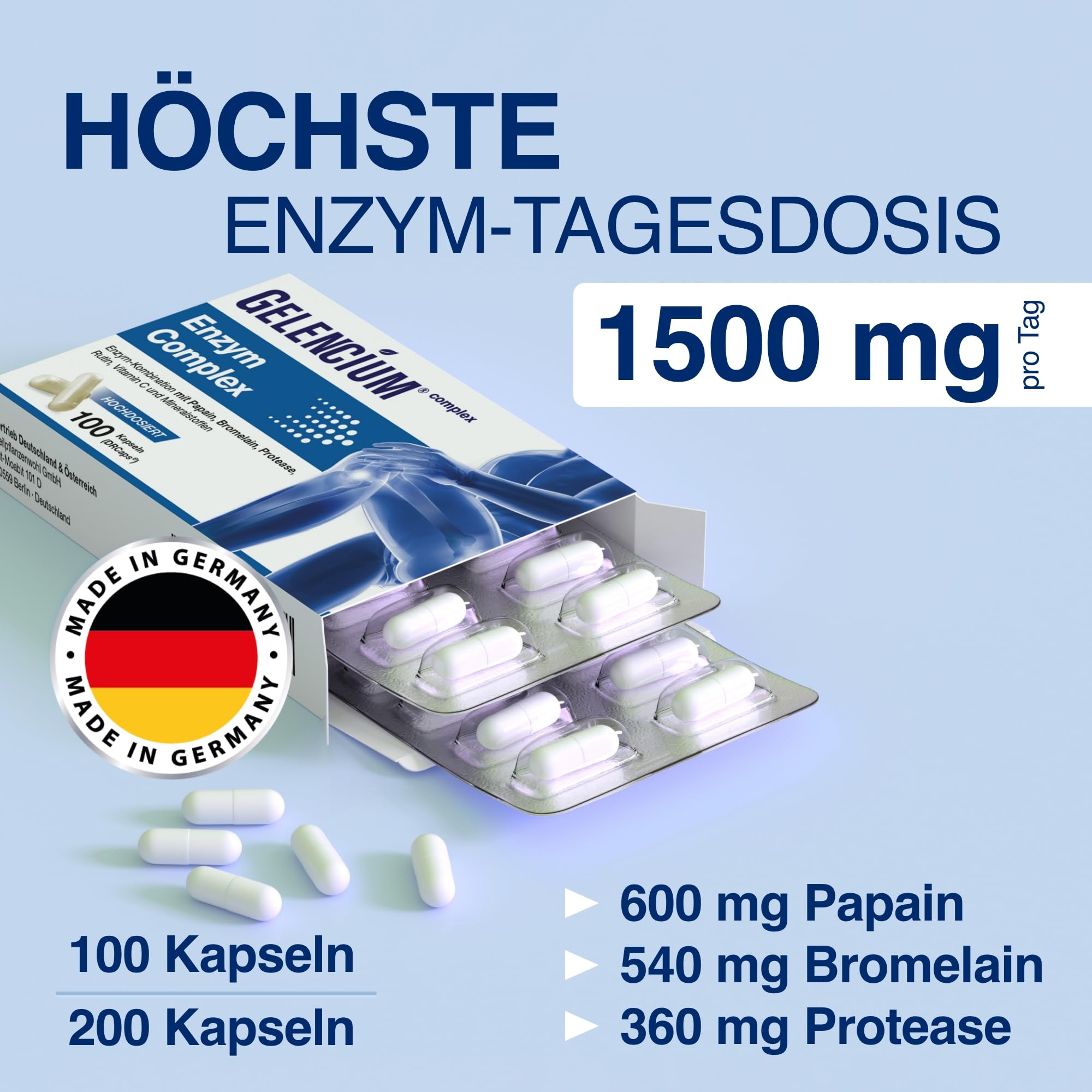 Gelencium Enzym Complex hochdosiert mit Bromelain & Papain – 100 Kapseln | 1.500 mg Enzyme: Bromelain, Papain & Protease · Mit Vitamin C, Zink & Selen für das Immunsystem · Magensaftresistent · Vegan