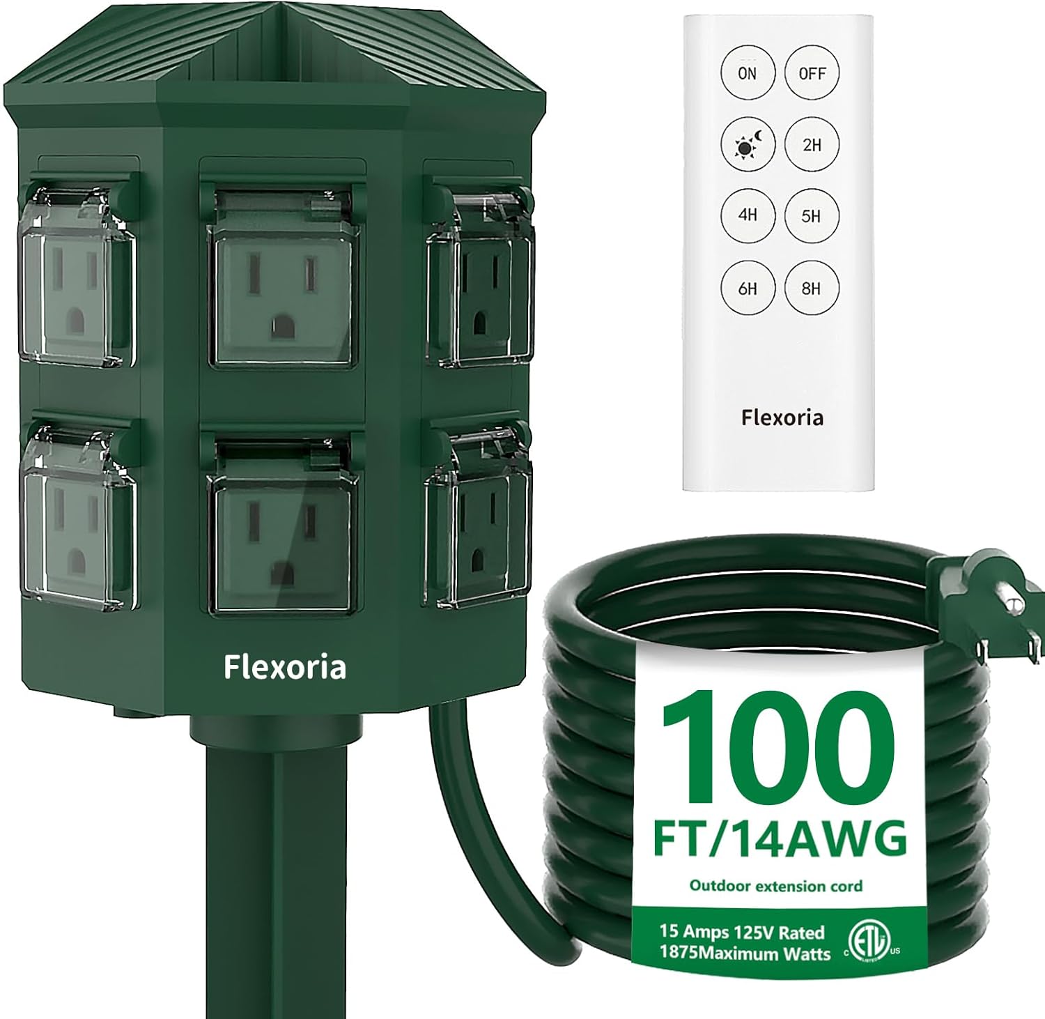 Flexoria Outdoor Power Stake Timer, Remote Control Dusk to Dawn Light Timer, 100 FT Extension Cord Waterproof, 6 Grounded Outlets for Outdoor Christmas Decorations, ETL Listed